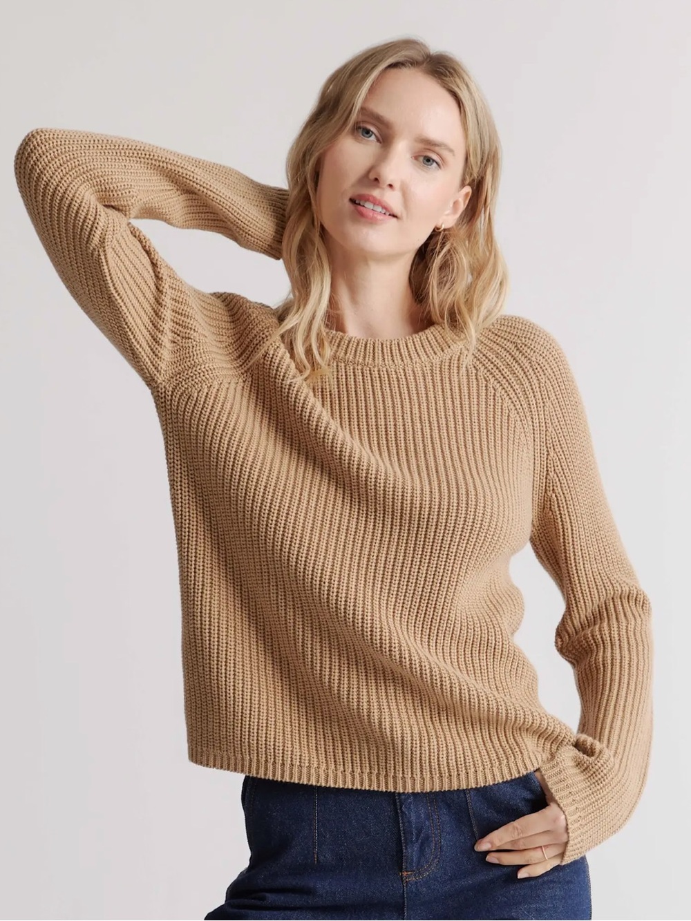 Quince 100% Organic Cotton Fisherman Crew Sweater, in Camel